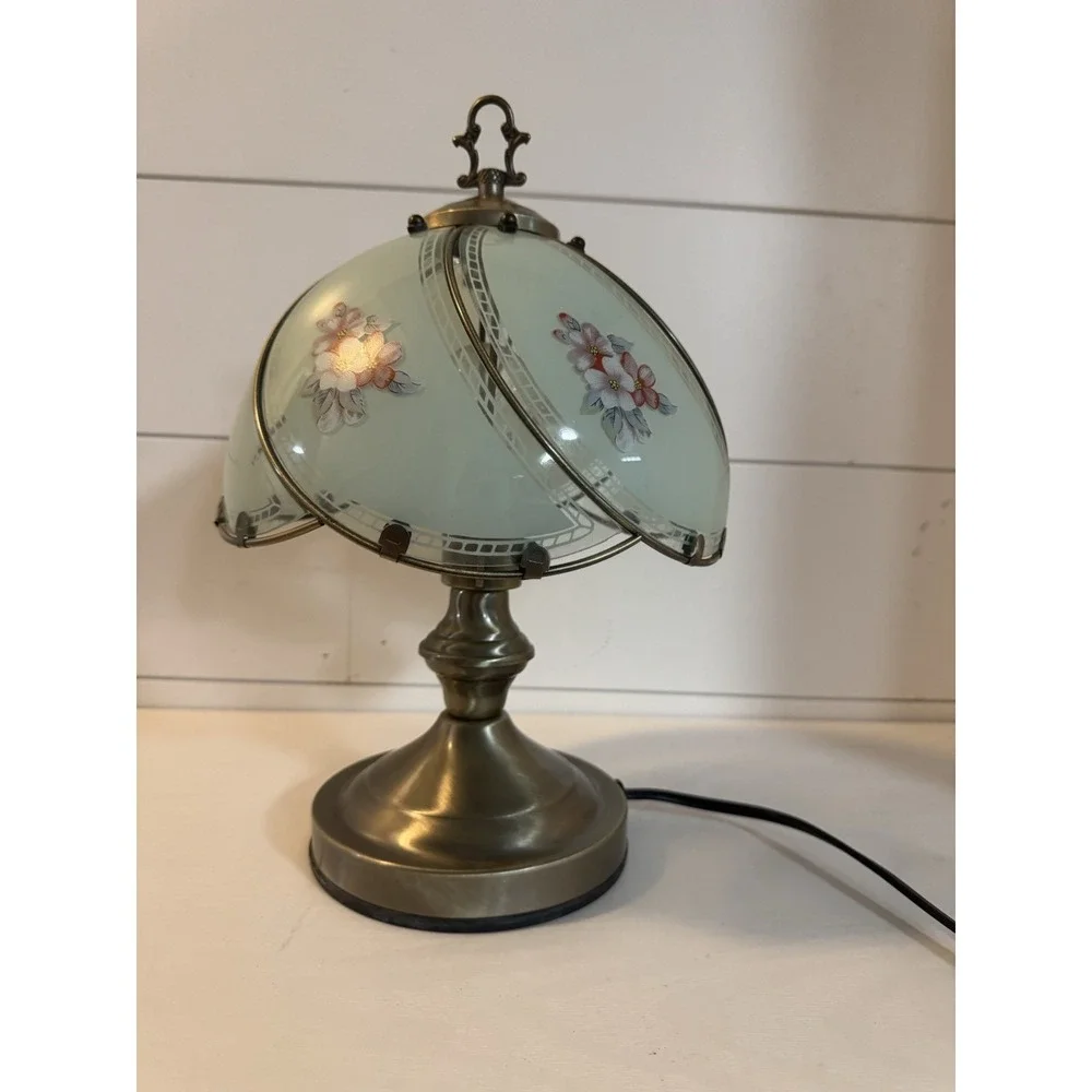 Vintage 3-Way Gold Tone Touch Accent Lamp 6 Swoop Blue Floral Glass Panels 14